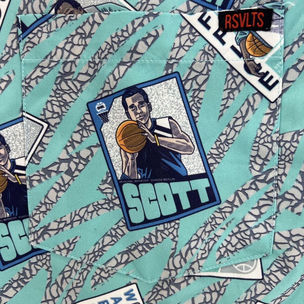 RSVLTS Shirt THE OFFICE Men's Small Blue Short Sleeve Button Up Basketball Cards - Picture 8 of 15